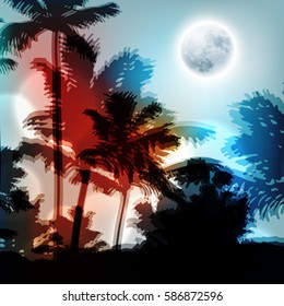 Landscape with palm trees and full moon at night. EPS10 vector.