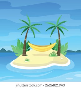 Landscape with palm trees and hammock on the island. Place for rest. Summer holidays.