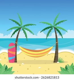 Landscape with palm trees, hammock and surfboard on the ocean shore. Island vacation. Tourism.