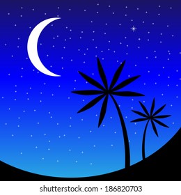 Landscape with palm trees at night - vector illustration.