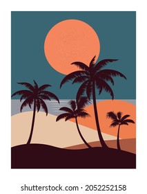 Landscape with palm trees at night. Vector illustration
