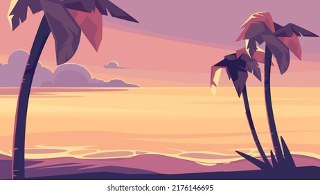 Landscape with palm trees and ocean at sunset. Beautiful summer scenery.