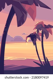 Landscape with palm trees and ocean at sunset. Summer scenery in vertical format.