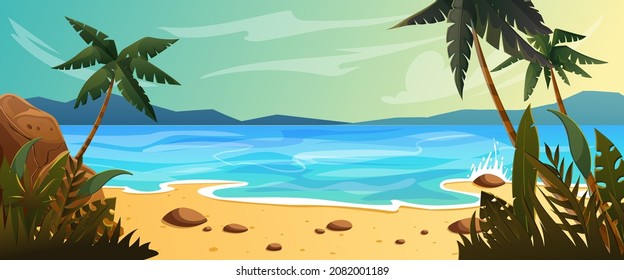 Landscape with palm trees, ocean, yellow sand. Sunset at sea or sunrise