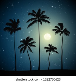Landscape with palm trees on beach on moonlight night. Blue mysterious background with full moon in starry sky. Square vector illustration for use in polygraphy, textile, design, interior decor