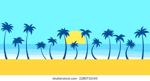 Landscape of palm trees on the seashore and the sun on the horizon. View of the palm trees from the coast, palm trees at dawn. Design for poster, banner and promotional product. Vector illustration