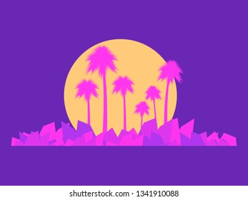 Landscape with palm trees in the style of the 80s. Pink and purple color. Tropical background. Vector illustration