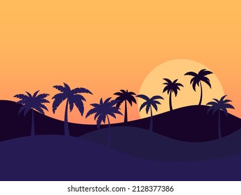 Landscape with palm trees at sunrise in a minimalist style. Silhouettes of palm trees on the hills. Summer time. Design of advertising booklets, posters and travel agencies. Vector illustration