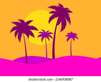 Landscape with palm trees at sunrise in a minimalist style. Silhouettes of palm trees on the hills. Summer time. Design of advertising booklets, posters and travel agencies. Vector illustration