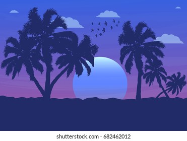 Landscape of palm trees at sunset