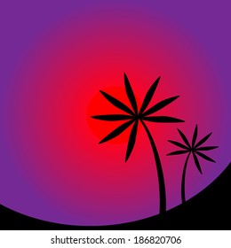 Landscape with palm trees at sunset - vector illustration.