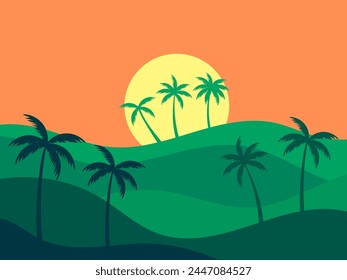 Landscape with palm trees at sunset. Wavy tropical landscape with green hills, sun and silhouettes of palm trees against the sun. Design for posters, banners and prints. Vector illustration