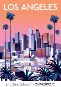 Landscape with palms, suburban houses in the first plan and downtown city center in the background.  Los Angeles Art Deco travel poster. Handmade drawing vector illustration.