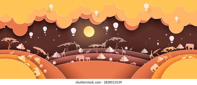 Landscape Panorama of Kenya, Africa. Vector illustration in Brown Background.