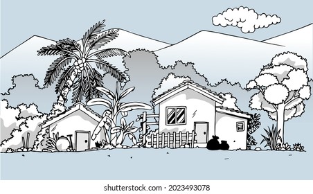 Landscape Panorama of Rural, Country style.  Vector illustration Outline.