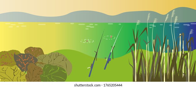 Landscape, panorama of the shore of a lake, pond or river. Recreation with fishing rods and fishing. Vector flat illustration