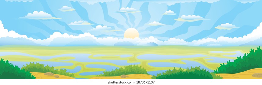 LandPanorama mit Sonne und Wolken auf einem Feld mit Landernte