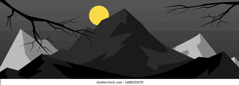 Landscape panorama vector with mountain range and tree branch in minimalist black tones.