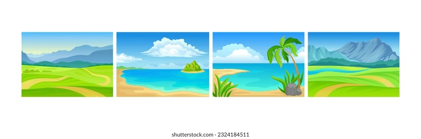 Landscape Panorama View with Green Field and Sea Shore Vector Set
