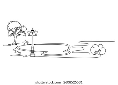 landscape panorama with wooden bench on public alley and street lamp. Park concept. Single line draw design. Vector graphic illustration