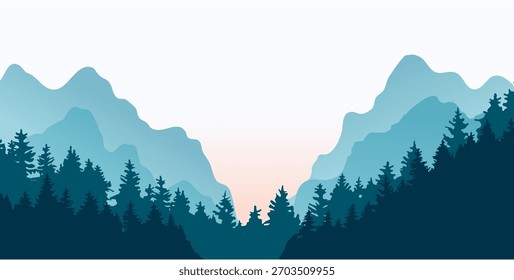 Ilustración vectorial panorámica de paisaje con bosques y montañas. Siluetas de árboles y colinas. Aventura y viajes.