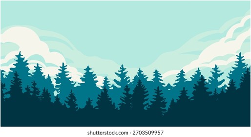 Ilustração panorâmica do vetor da paisagem com florestas e montanhas. Silhuetas de árvores e colinas. Aventura e Viagem.