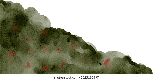 Landscape with panoramic views of green hills and meadows with a horizon line, hand-drawn. Watercolor illustration, background with space for text. Flowery Bush. Green Grass