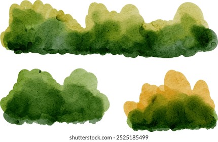 Paisaje con vistas panorámicas de verdes colinas y prados con una línea de horizonte, dibujado a mano. Ilustración de acuarela, fondo con espacio para texto. Bush florido. Hierba verde