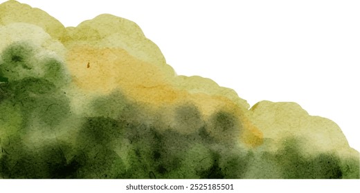 Paisaje con vistas panorámicas de verdes colinas y prados con una línea de horizonte, dibujado a mano. Ilustración de acuarela, fondo con espacio para texto. Bush florido. Hierba verde