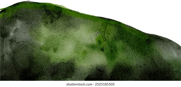 Paisaje con vistas panorámicas de verdes colinas y prados con una línea de horizonte, dibujado a mano. Ilustración de acuarela, fondo con espacio para texto. Bush florido. Hierba verde