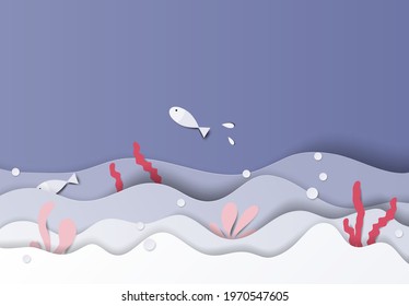 Landscape paper art, fishes and seaweed in the sea in purple and pink tones