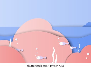 Landscape paper art, islands and fishes under the ocean in blue and red tones