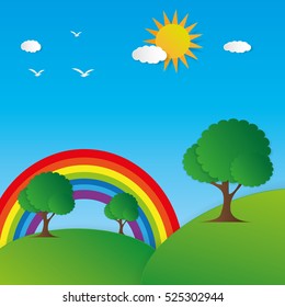 Landscape paper art style vector background showing mountain, tree, rainbow, sun, sky, cloud and sunlight.