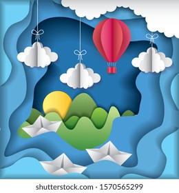 landscape with paper cut art with mountains sea with boats and clouds. vector illustration