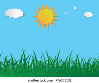 landscape paper vector. Grass and blue sky