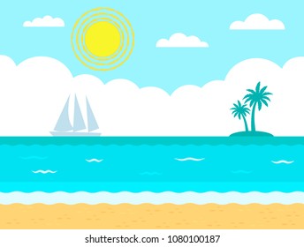 Landscape of a paradise beach with palm trees and a sailboat. vector cartoon style illustration