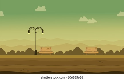 Landscape of park with chair and street lamp