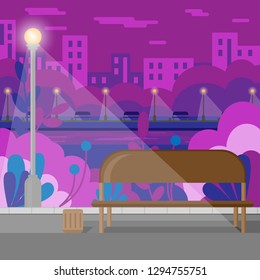 Landscape. Park. City Park by the river. Summer evening. Background for design. Vector