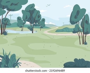 Landscape park, green trees and grass scenery background. Vector ecology clean nature, bushes and blue sky. Summertime forest panorama, lawn and pathway, electrical lines. Design element