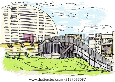 Landscape of  park with the metro station is surrounded by such modern buildings as the house-sail. Moscow, Russia. Watercolor with ink