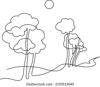 Landscape park with path and trees. Continuous line drawing illustration. Vector