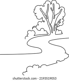 Landscape Park With Path And Trees. Continuous Line Drawing Illustration. Vector