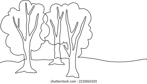 Landscape park with path and trees. Continuous line drawing illustration. Vector