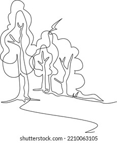 Landscape park with path and trees. Continuous line drawing illustration. Vector
