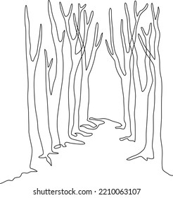 Landscape park with path and trees. Continuous line drawing illustration. Vector