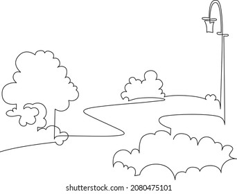 Landscape park with a path, trees and a lamppost. Continuous line drawing. Vector illustration. Silhouette footpath