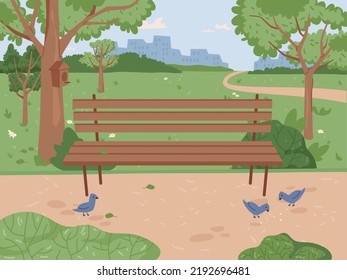 Landscape park, pigeon birds, green trees and grass scenery, bench and pathway background. Vector ecology clean nature, bushes and blue sky. Summertime forest panorama, lawn