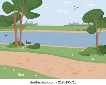 Landscape park, river ponds, green trees and grass scenery background. Vector ecology clean nature, bushes and blue sky. Summertime forest panorama, lawn
