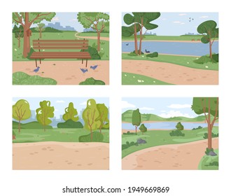 Landscape park set, duck pigeon birds and river ponds, green trees and grass scenery, bench and pathway background. Vector ecology clean nature, bushes and blue sky. Summertime forest panorama, lawn