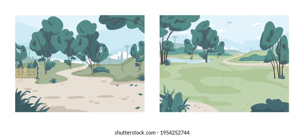 Landschaftspark, grüne Bäume und grasgrüner Hintergrund. Vektorökologie reinigt die Natur, Büsche und blauen Himmel. Sommerzeit Waldpanorama, Rasen und Wege, elektrische Linien. Game-Design-Element